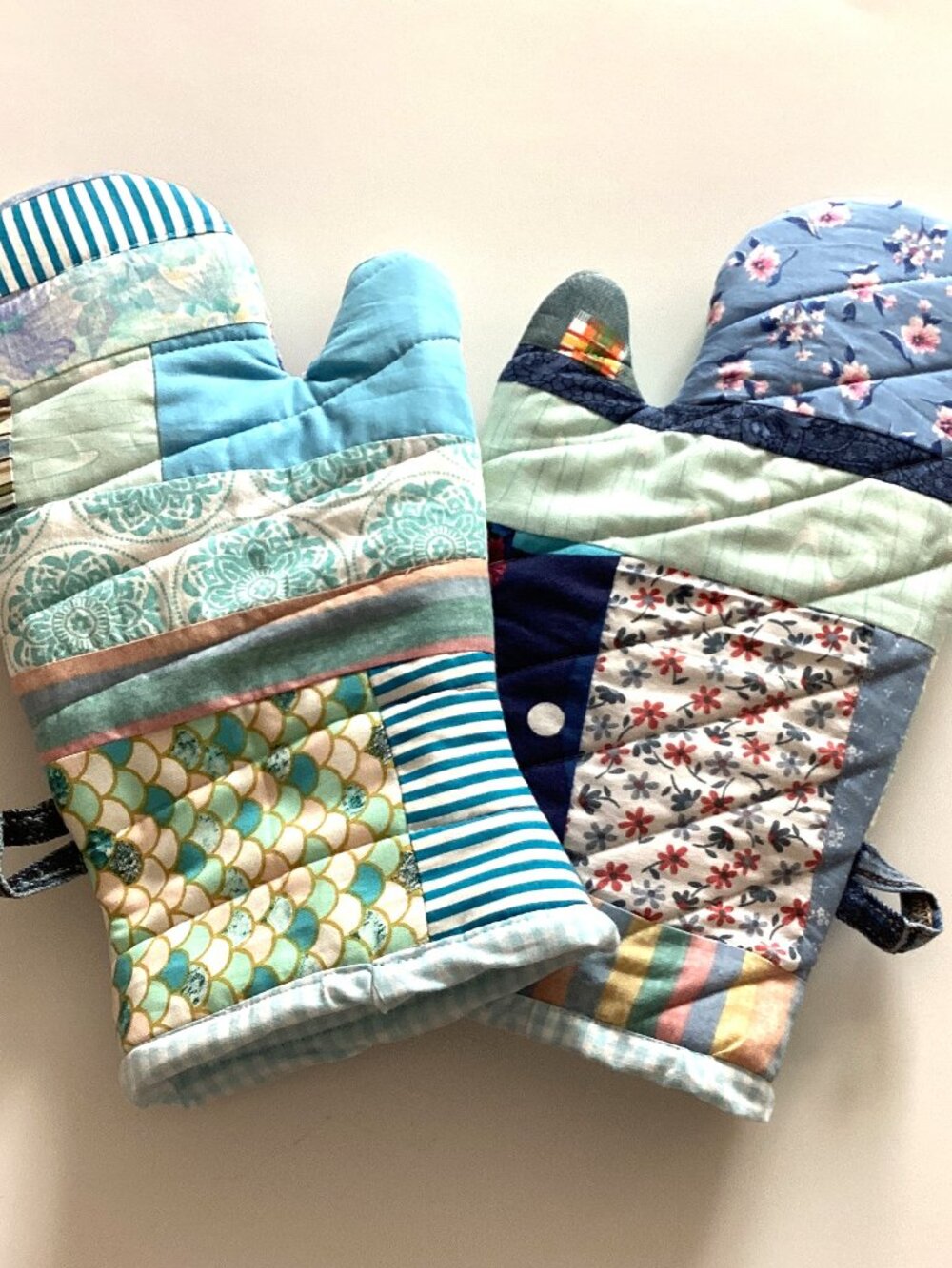 Handmade Scrappy Colorful Cotton Blue Oven Mitts Kitchen Linens Cooking